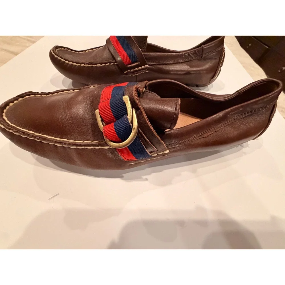 Polo Ralph Lauren Terry Ribbon Brown Leather Driving Loafers Mens 12 B12 Stripe